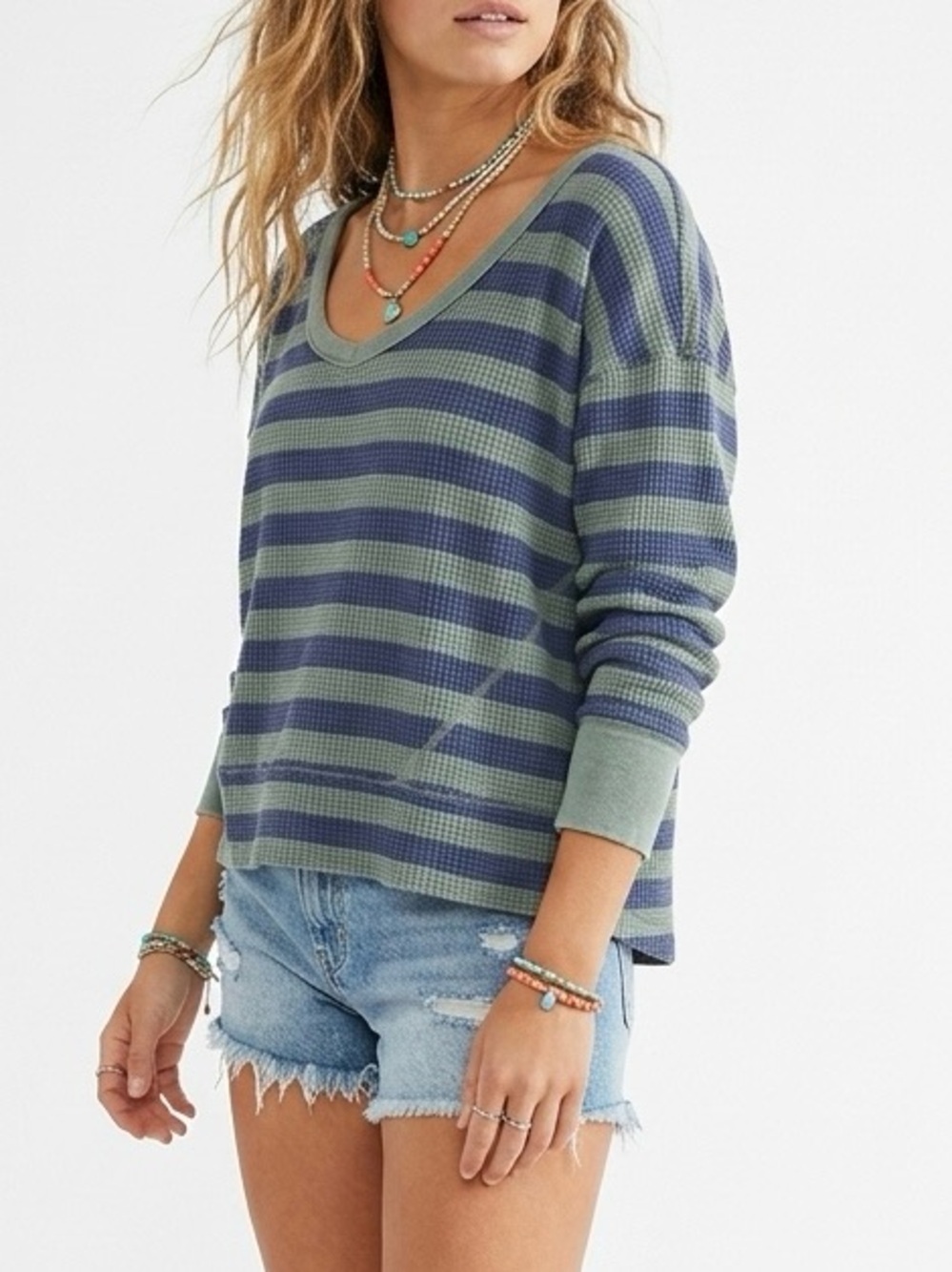 Aerie OFFLINE Wow Waffle Knit Oversized Striped Long Sleeve Tee Green Blue XS